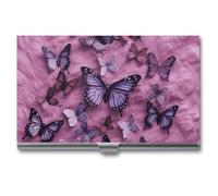 Tarjetero delgado y portátil de metal para tarjetas de visita, todas las mariposas están sobre fondo morado, bolsillo para tarjetas de nombre, cartera para hombres y mujeres, oficina, viajes