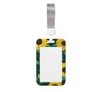 Tarjetero deslizante de plástico duro para tarjetas de identificación, diseño de girasoles amarillos sobre verde, protector de etiqueta de nombre para enfermeras y oficina