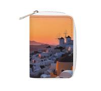 Tarjetero impreso de cuero de moda con paisaje de la isla de Grecia, atardecer, tarjetero de gran capacidad, pequeño y cómodo, fácil de poner en bolsillos, bolsas de mano, mochilas, etc. Conoce tu