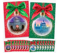 Tarjetón ESENCIA NAVIDAD: Tarjetas postales navideñas originales de MADRID (España) para felicitación y decoración de árbol con bolas de cristal. Rojo y verde. (Tamaño Jumbo: 17x12cm) (16 tarjetas).