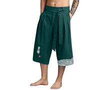 Taro Pantalones Japoneses Hombre Baggy 3/4 Pantalones Cortos Taro para Hombres de Lino Ropa Kimonos Tradicionales Japoneses con Cordón de Ajuste Pantacourt 3/4, Blackish Green, 4XL