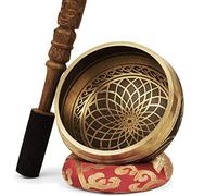 TARORO Cuenco Tibetano; Ø13cm; hecho a mano en Nepal ~ Diseño antiguo original ~ Vendido con un cojín de seda roja y un mazo con Dorje tallado a mano ~ Regalo espiritual