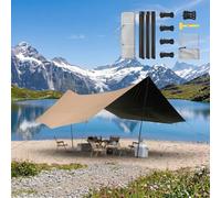 Tarp Camping Impermeable, Lona Toldo Exterior, Sombrilla Playa Familiar, 440x450cm, con Palos, 99% Protección UV, con Cuerdas Antiviento, Accesorios Supervivencia(Gold,4.4x4.5m)