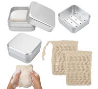 Tarqite 2 jaboneras de aluminio, caja de jabón con rejilla de goteo y 2 redes de jabón, jabonera portátil para viajes y hogar, jabonera portátil con tapa para jabón de afeitar (color plateado