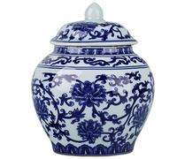 Tarro chino de jengibre con tapa, estilo antiguo, decoración para el hogar, flores de porcelana azul y blanca, jarrón cubierto de cerámica, estilo tradicional chino Ming y Qing (tarro general)