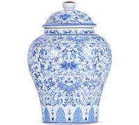 Tarro chino de jengibre con tapa, estilo antiguo, decoración para el hogar, flores de porcelana azul y blanca, jarrón cubierto de cerámica, estilo tradicional chino Ming y Qing (tarro máximo)