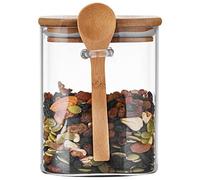 Tarro cuadrado de vidrio transparente de 1000 ml con tapa de madera y cuchara, recipiente hermético de almacenamiento de alimentos, recipiente de conservación hermético