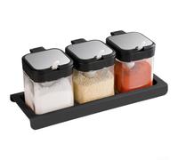 Tarro de especias de cristal con tapa a presión y cuchara, 300 ml, hermético para cocina, estante apilable para especias con base extraíble para sal, pimienta, hierbas, negro (blanco, 1 unidad)