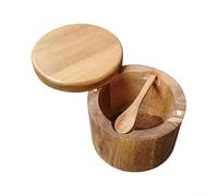 Tarro de especias de madera de acacia con tapa a prueba de polvo, contenedor de condimentos de madera incluye cuchara a juego para azúcar salado, compacto, 9 x 7 cm