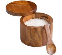 Tarro de especias de madera de acacia con tapa giratoria y cuchara integrada, recipiente de salero multicapa para almacenamiento de condimentos de cocina, marrón, 10,5 x 9 cm (marrón2)
