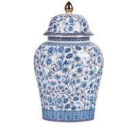Tarro de jengibre chino con tapa, estilo antiguo chinoiserie, decoración del hogar, flores de porcelana azul y blanco, jarrón cubierto de cerámica, estilo tradicional chino Ming y Qing (tarro floral)