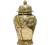 Tarro de jengibre dorado con tapa, jarrón de jengibre de cerámica clásico, tarros decorativos de porcelana para macetas, tarro de templo con tapas, floreros con estampado de flores, decoración para