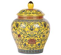 Tarro de jengibre esmaltado hecho a mano, jarrón chino de colores vibrantes, tarro decorativo de cerámica de porcelana azul y blanca con tapa para decoración del hogar y almacenamiento (amarillo
