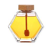 Tarro de miel de 380 ml/13 oz con forma hexagonal transparente vacía tarro de miel de vidrio con tapón de madera y tapa de al calor Tarro de mermelada de vidrio de miel de jarabe de colmena
