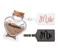 Tarro de recuerdo de arena de luna de miel con forma de corazón botellas de vidrio con corcho y 2 piezas de etiquetas de equipaje de novia, etiquetas de equipaje de boda, etiqueta de viaje Mr and Mrs para luna de miel
