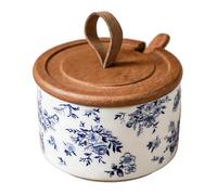 Tarro de sal de cerámica Retro con y cuchara medidora, recipiente para condimentos para encimera, utensilio de cocina, dispensador de sal de cerámica