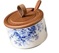 Tarro de sal de cerámica Retro con y cuchara medidora, recipiente para condimentos para encimera, utensilio de cocina, dispensador de sal de cerámica