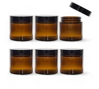 Tarro de vidrio ámbar de 6 x 250 ml con tapa de polipropileno negro, ideal for envasar productos for el cuidado de la piel, bálsamos, cremas y otros productos.