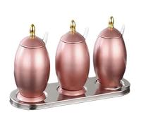 Tarro for condimentos, contenedor de especias, juego 3 tarros for con tapa y bandeja for cucharas, acero inoxidable(Rose Gold)