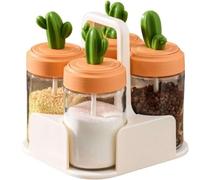 Tarro for condimentos, contenedor de especias, juego botellas cactus, tarros vidrio con bandeja, tapa, cuchara(Clear(4pcs))