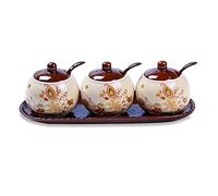 Tarro for condimentos, recipiente for especias, tarro de cerámica con textura floral, for cocina tapa, cuchara y bandeja(Red)