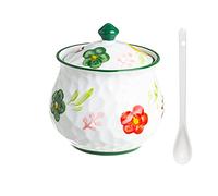 tarro para especias, Tarros de especias, azucarero flores dibujadas a mano con tapa y cuchara, bote azúcar, condimentos, 750ml(Green)