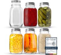 Tarros De Cristal Con Tapa - 1L Mason Jars Frascos De Vidrio Con Tapa de Pack de 6 - Botes Cristal Pequeños para Avena Nocturna, Bote Cristal Con Tapa - Etiquetas, bolígrafo y esponja incluidos