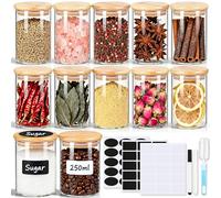 Tarros de especias de vidrio con tapas de bambú, paquete de 12, recipientes vacíos de especias de 250 ml con etiquetas, tarros pequeños herméticos para sal, pimienta, chile en polvo, azúcar