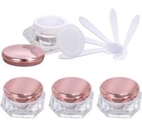 Tarros para cosméticos, 4 Unidades, frascos vacíos de 10 ml de acrílico Transparente con Forma de Diamante for cosméticos, tarros de loción for Crema Facial, Bote con Tapas Rosas + 4 cucharas