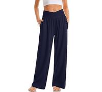 TARSE Pantalones holgados casuales de pierna ancha para mujer, pantalones deportivos de yoga cómodos cruzados de cintura alta, pantalones de pijama fluidos con bolsillos, Azul marino, XXXL