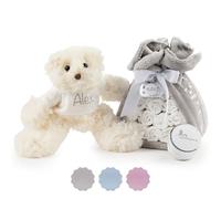 Tarta de Pañales con Osito Peluche 42cm | Manta Polar Personalizada + Chupete + 15 Pañales Moltex | Regalo Recién Nacido Baby Shower Nacimiento Niño Niña (Neutro) | BebeDeParis