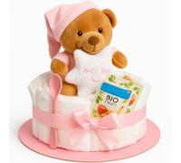 Tarta de pañales para niña, hecha a mano, regalo de nacimiento y bautizo con peluche, pampers, tarjeta de felicitación, tarta de pañales para baby shower, idea de regalo