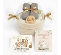 Tarta de pañales para niña y niño - Boho Vintage [hecha a mano] - Regalo para bebé en lienzo organizador con escudo Hello World, calcetines para bebé y té orgánico - Tarta de pañales neutral