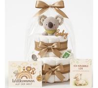 Tarta de pañales para niña y niño con koala Greifling - Boho Vintage [hecho a mano] - Regalo de nacimiento con agarrador koala y té orgánico - Tarta neutral y para baby