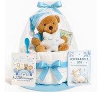 Tarta de pañales para niño en color azul, hecha a mano, regalo de nacimiento y bautizo con peluche, pañales, tarjeta de felicitación, tarta de pañales para baby shower, idea de regalo