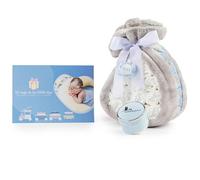 Tarta de Pañales para Recién Nacida con Manta Gris Bordada con nombre + 15 pañales Moltex Premium ecológicos | Talla 2 (3 a 6 Meses) + Chupete Personalizado (Azul) | BebeDeParis