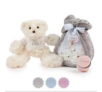 Tarta de Pañales para Recién Nacida con Manta Gris Bordada con nombre + 15 pañales Moltex Premium ecológicos | Talla 2 (3 a 6 Meses) + Chupete Personalizado (Rosa) | BebeDeParis