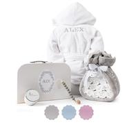 Tarta de Pañales para Recién Nacida + Manta Gris Bordada con nombre + 15 pañales Moltex Premium Ecológicos Talla 2 (3 a 6 Meses) + Chupete Personalizado (Neutro) | BebeDeParis