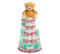 Tarta de Pañales Personalizable XXL Rosa Regalo Bebé Recién Nacido Niña Canastilla Bebe Recién Nacido. Chupete Gel Toallitas Loción Crema. Cesta Accesorios Bebe Recien Nacido Regalos Mamás Primerizas