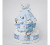 Tarta de pañales personalizada para bebé Baby Rattle, Regalo Original para Baby Shower, Recién Nacido, Bautizo, Pañales dodot Sensitive, Pastel de pañales (Azul)