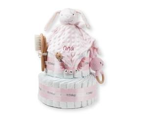 Tarta de pañales personalizada para bebé Baby Rattle, Regalo Original para Baby Shower, Recién Nacido, Bautizo, Pañales dodot Sensitive, Pastel de pañales (Rosa)