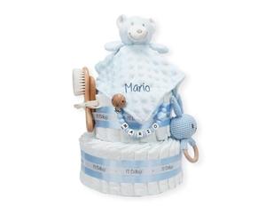 Tarta de pañales personalizada para bebé Baby Rattle, Regalo Original para Baby Shower, Recién Nacido, Bautizo, Pañales dodot Sensitive, Pastel de pañales (Azul)