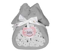 Tarta de Pañales | Regalos para Bebes Recien Nacidos | Manta Gris Bordada con Nombre + 15 pañales Moltex Premium | Ecológicos | Talla 2 (3 a 6 Meses) + Chupete Personalizado (Rosa) | BebeDeParis