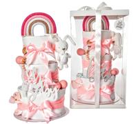 Tarta de pañales XXL hecha a mano para niña con envoltorio de regalo, peluche, muselina orgánica, tarjeta de felicitación, calcetines, pañal Pampers, regalo para bebé, regalo de nacimiento para niñas