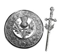 Tartan City Broche de escocesa a cuadros con diseño de mosca de las Tierras Altas y pin de falda escocesa, juego de 2 piezas, plata, Brooch size approximately 3" (7.52cm) diameter.