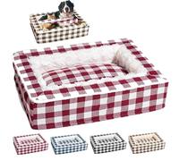 Tartan Cozy Dog Anti-Anxiety Calming Bed, Festive Classic Tartan Cozy Dog Anti-Anxiety Calming Bed, Square Dog Bed, Christmas Classic Tartan Pet Bed for Large Medium Small Pet Cats and Dogs (L,Red)