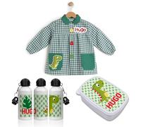 Tartas de pañales y más PACK VUELTA AL COLE Babi/mandilón/bata, botella y fiambrera personalizada. Ideal para ir al colegio o guardería. Regalos personalizados. Diferentes modelos a elegir (Dino)