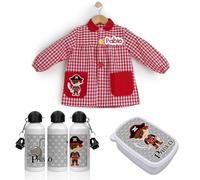 Tartas de pañales y más PACK VUELTA AL COLE Babi/mandilón/bata, botella y fiambrera personalizada. Ideal para ir al colegio o guardería. Regalos personalizados. Diferentes modelos a elegir (Pirata)
