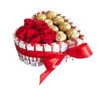 Tartas Kinder: Cesta de chocolate perfecta para regalar en Navidad, San Valentín y cumpleaños con Kinder Bueno, Schoko Bons, Ferrero y flores preservadas (Corazón medium con rosas preservadas)