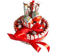 Tartas Kinder: Cesta de chocolate perfecta para regalar en Navidad, San Valentín y cumpleaños con Kinder Bueno, Schoko Bons, Ferrero y flores preservadas (Circular Big 2 pisos)